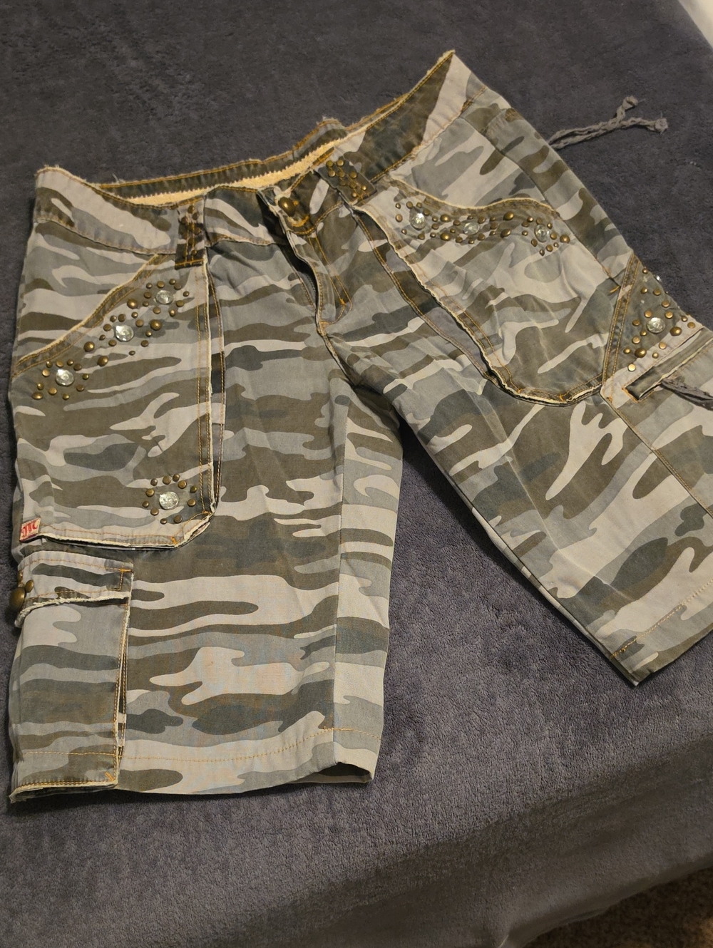 Miss Me Olive & Tan Camo Cargo Shorts with Stud Accents